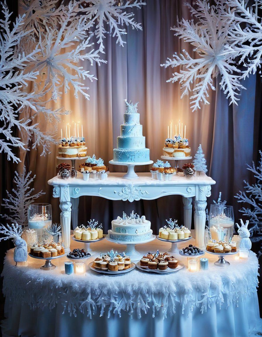 A beautifully arranged dessert table featuring exquisite frozen desserts like elegant ice cream cakes and playful popsicles, glistening in a frosty ambiance with sparkling crystals and delicate snowflakes. The scene is illuminated by soft, enchanting lighting that highlights the vibrant colors of the desserts. Include a backdrop of a serene winter wonderland with gentle snow falling. super-realistic. vibrant colors. winter theme.