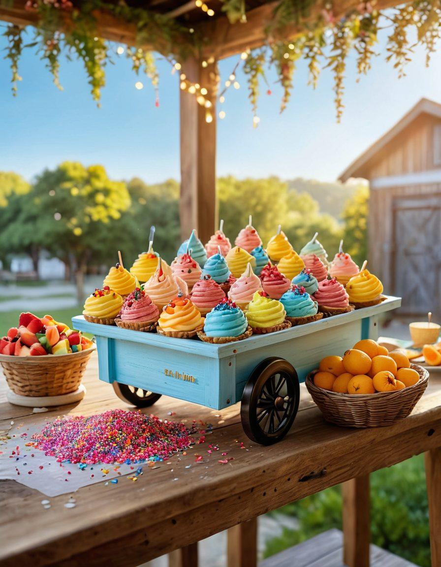 A whimsical scene featuring a variety of artisanal frozen treats displayed on a rustic wooden table, surrounded by colorful sprinkles and fresh fruits. In the background, a vibrant ice cream cart adorned with fairy lights creates a festive atmosphere. The sun is shining, casting a warm glow over the scene, inviting viewers to indulge. The sky is a soft blue, enhancing the sweetness of the moment. vibrant colors. super-realistic.